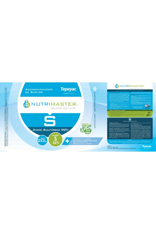 Etiqueta Tepeyac A020 NUTRIMASTER S ÁCIDO SULFÚRICO 98% (20x45cm) 75 AÑOS
