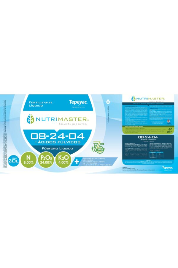 Etiqueta Tepeyac A003 NUTRIMASTER 08-24-04 AC FÚLVICOS (20x45cm) 75 AÑOS