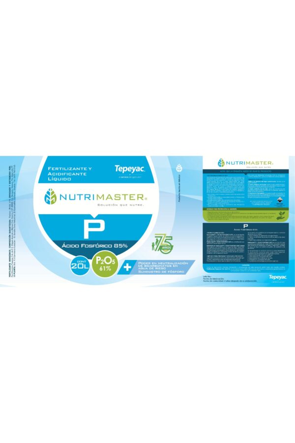 Etiqueta Tepeyac A013 NUTRIMASTER P ÁCIDO FOSFÓRICO 85% (20x45cm) 75 AÑOS